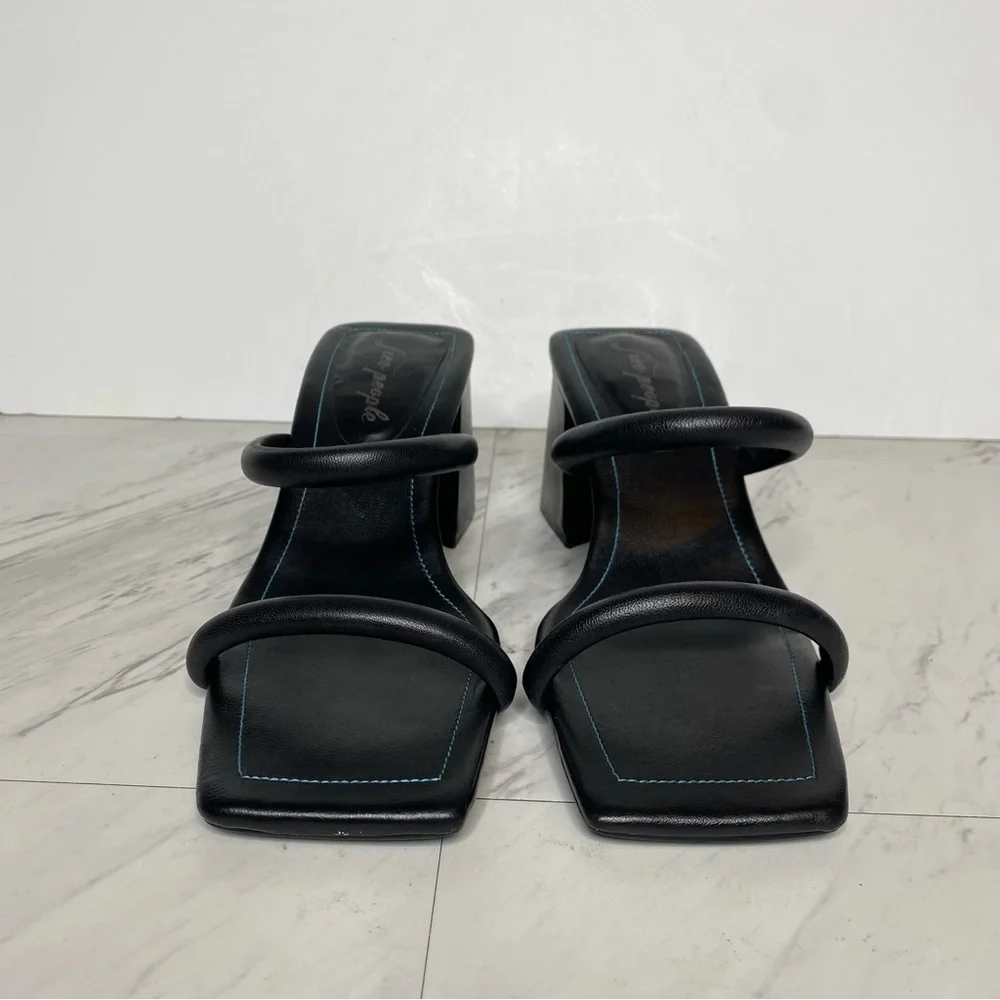 New! Free People Parker Double Strap Square Toe Black Leather Heeled Sandal 41